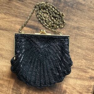 Vintage Scallop Black Beaded Evening Pochette Style Bag